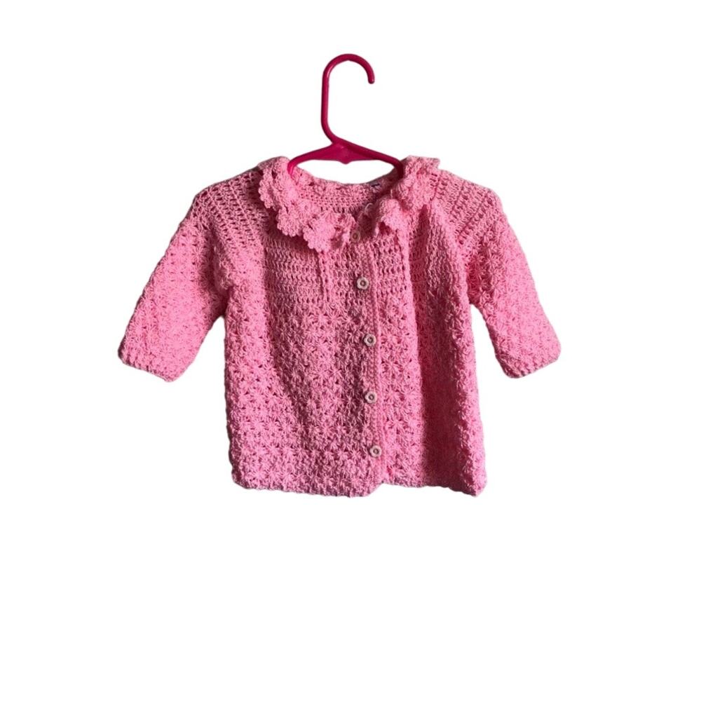 Handmade Pink Crocheted Baby Cardigan Sweater Sz 9-12m